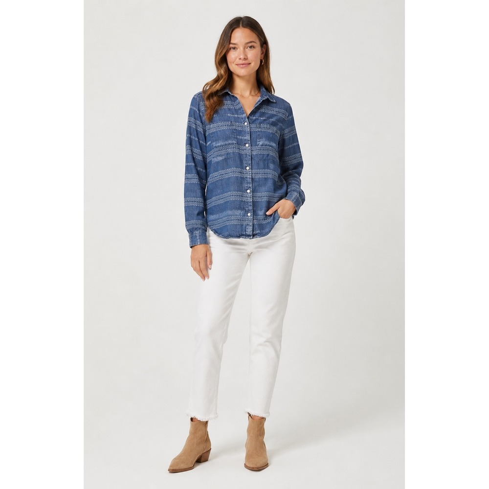 Thread & Supply Western Boho Chambray Button Front Shirt Medium Blue Lyocell